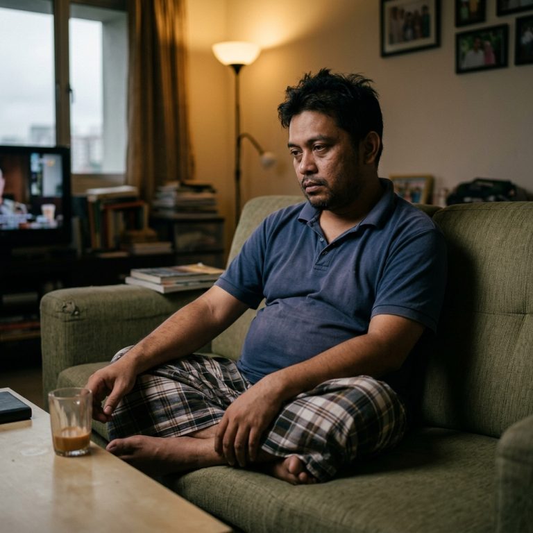 Lelaki duduk lemau di sofa selepas kerja