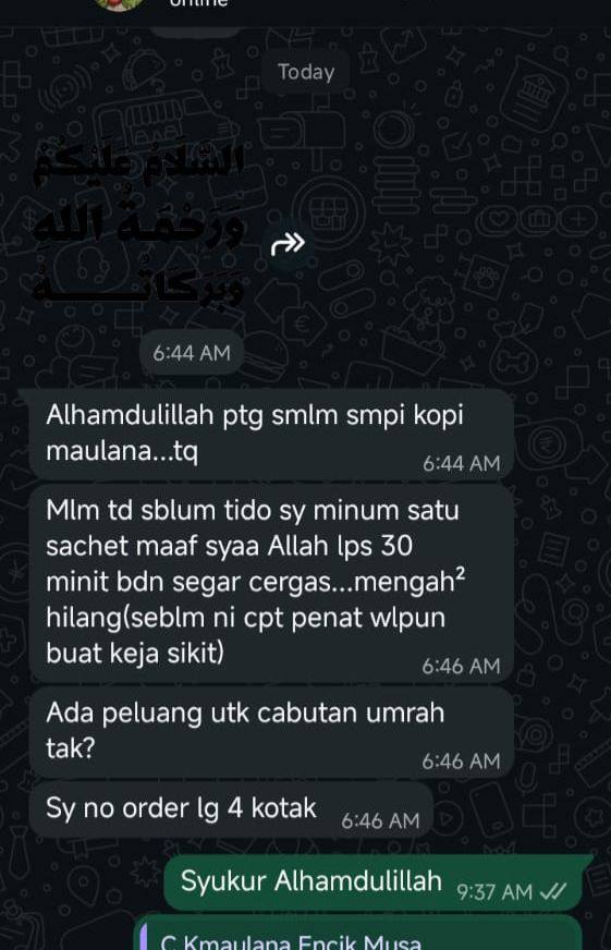 WhatsApp pelanggan: badan segar cergas, tak cepat penat