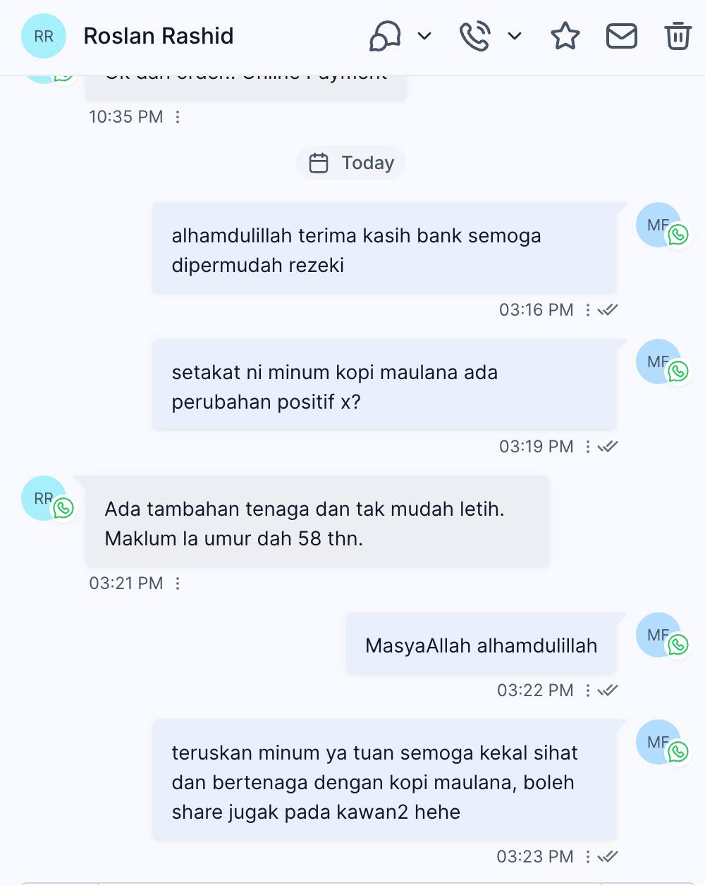 WhatsApp pelanggan: ada tambahan tenaga dan tak mudah letih, umur 58 tahun